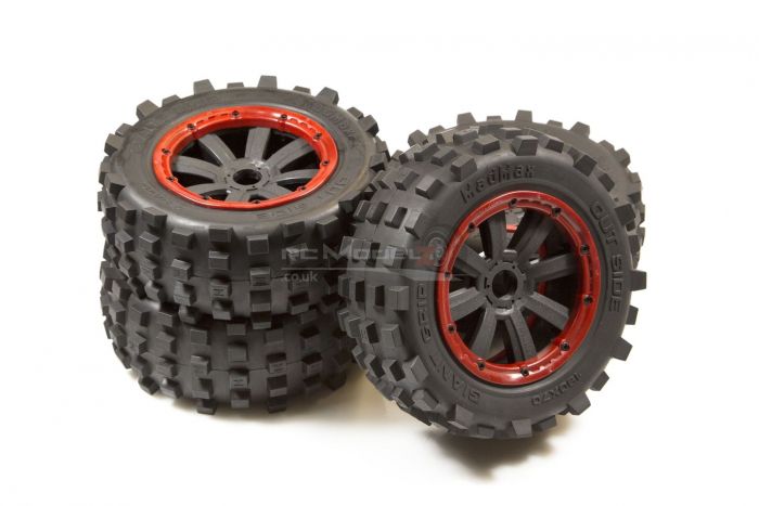 MadMax Full Wheel & Tire Sets - 8 Spoke Wheels & Giant Grip Monster Tires Truck Set - Red