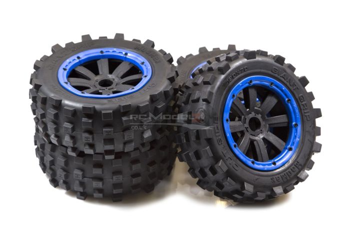MadMax Full Wheel & Tire Sets 8 - Spoke Wheels & Giant Grip Monster Tires Truck Set - Blue