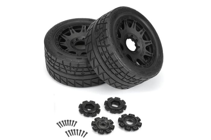 Pro-Line Menace HP 5.7" Street BELTED Tires Mounted on Raid Black 8x4 (2)