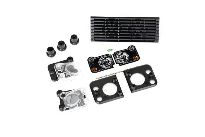 Traxxas TRX4 Grille, Land Rover Defender/ grille mount (3)/ headlight housing (2)/ lens (2)/ headlight mount (2)