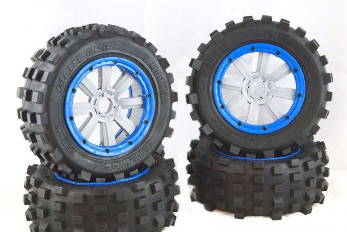 MadMax Full Set Of Giant Grip Tyres, 8 Spoke Grey Wheels & Blue Beadlocks